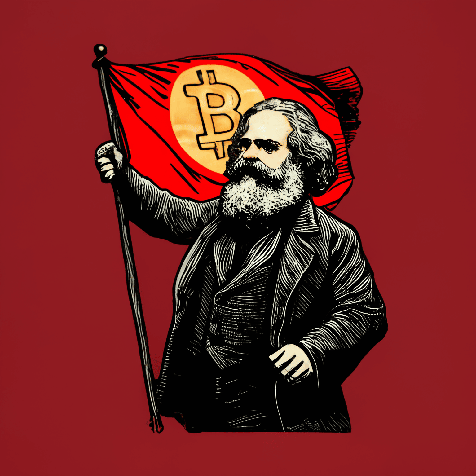 Logo Bitcoin sur un drapeau rouge et illustration de Karl Marx