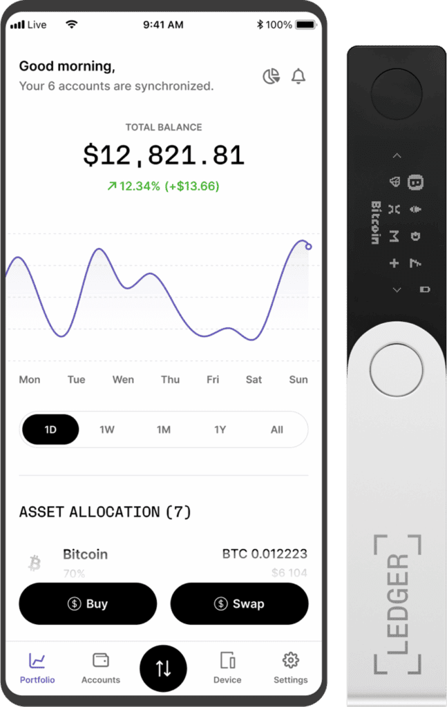 Une clé Ledger au sein de laquelle les cryptomonnaies et les NFT sont stockés, et, à gauche, un téléphone portable avec l'application Ledger associée.