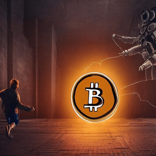 people running away scared from a giant with bitcoin head, cinematic, sci-fi art, hyper-realistic, 8k