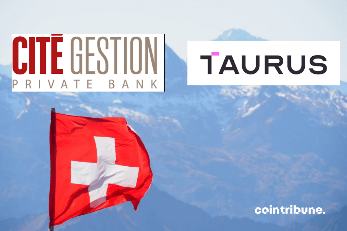 Le drapeau de la suisse, accompagné du logo de Taurus et de Cité Gestion.