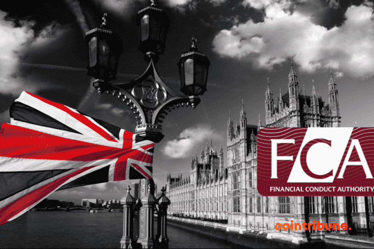 Le Lgo de la FCA à côté d'un drapeau du Royaume-Uni