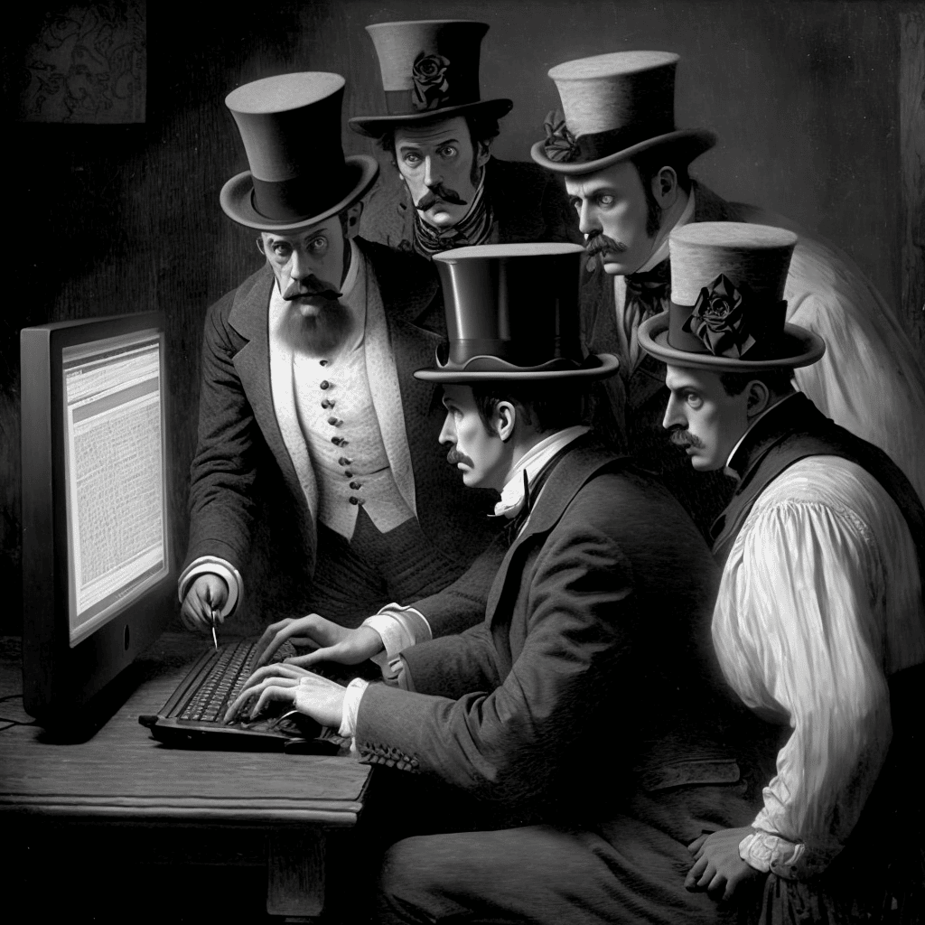 Un groupe d'hommes bourgeois devant un écran d'ordinateur
