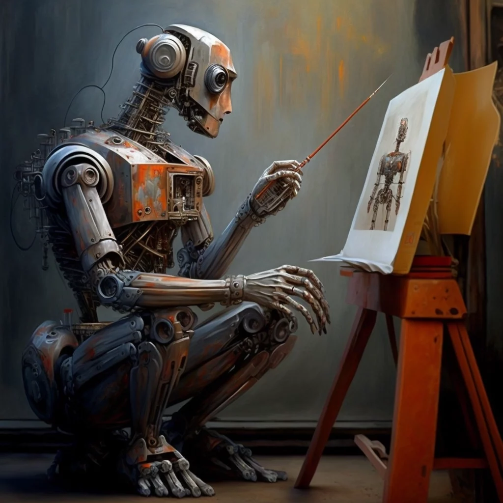 Un robot qui peint son autoportrait. Illustration de l'intelligence artificielle appliquée aux NFT.
