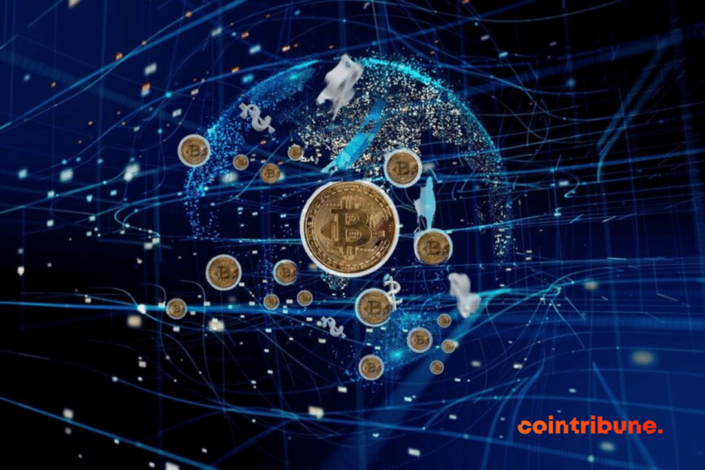 Pièces de bitcoin dans un réseau blockchain qui couvre le globe.