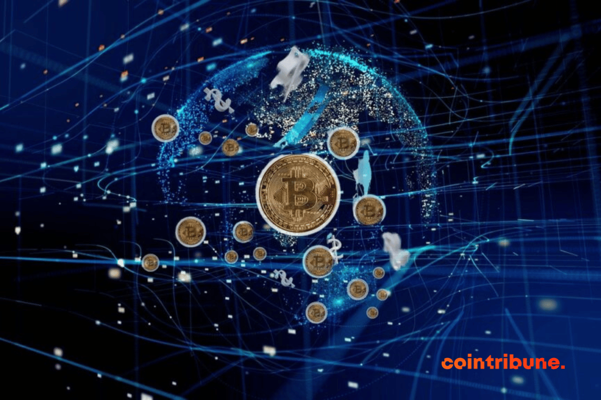 Pièces de bitcoin dans un réseau blockchain qui couvre le globe.