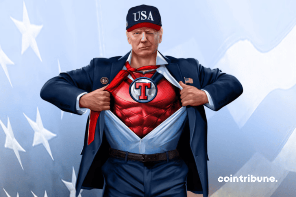 A drawing of Donald Trump as a superhero