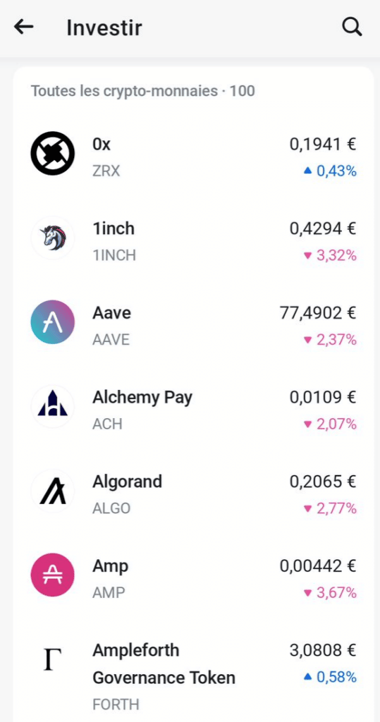 Onglet Investir de l'application Revolut