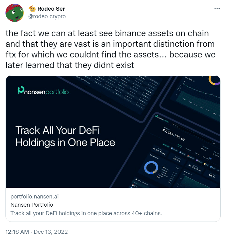 Tweet mettant en lumière l'importance de vérifier les actifs on-chain des acteurs crypto et et présentant le portfolio Nansen