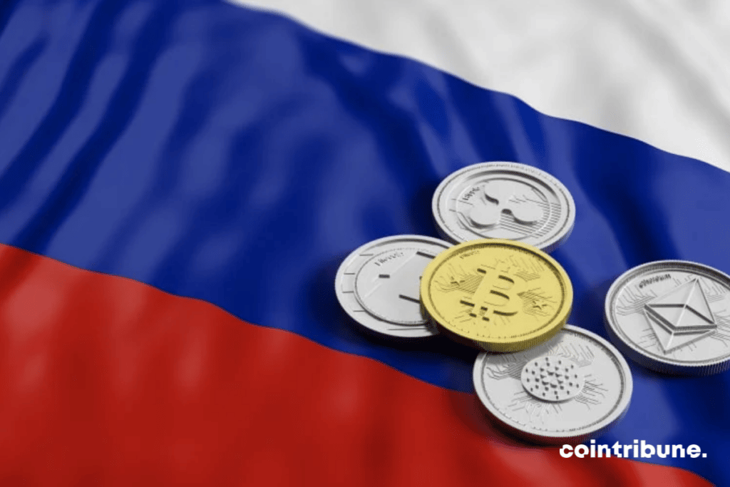 Divers tokens posés sur un drapeau russe.