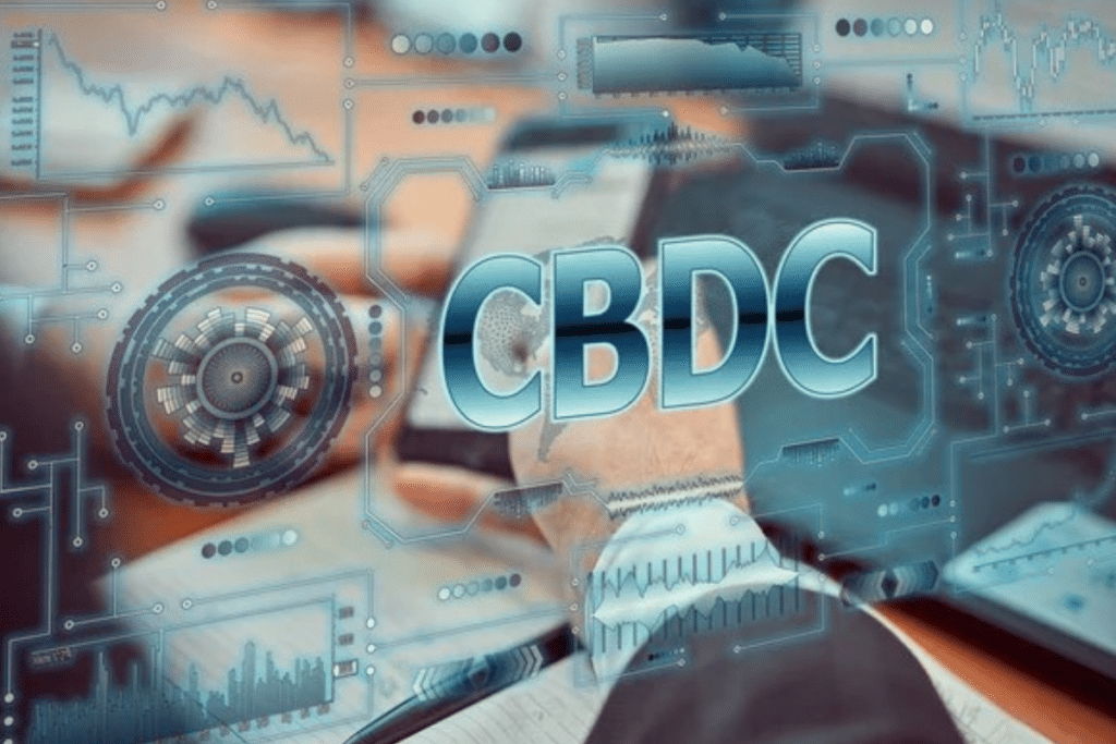 Logo CBDC avec image de fond floutée.