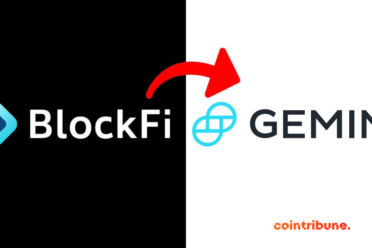 Logo BlockFi & Gemini et une flèche rouge qui démontre des fonds des clients de la bourse vers l'échange
