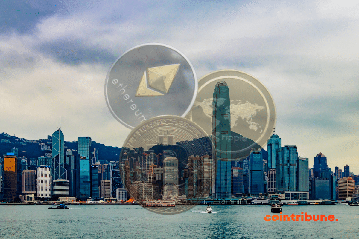 Une image de Hong Kong avec quelques pièces représentant des cryptos