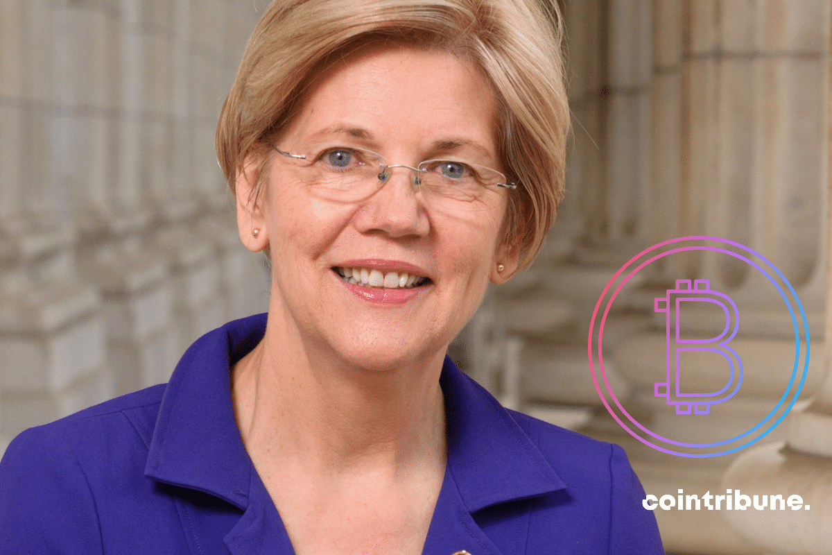 Portrait de la sénatrice Elisabeth Warren avec le logo Bitcoin.