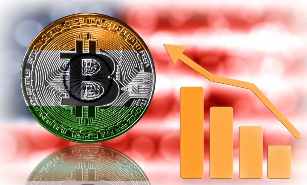 Pièce de bitcoin avec drapeau indien, courbe sur le côté droit avec drapeau des États-Unis flou en fond.