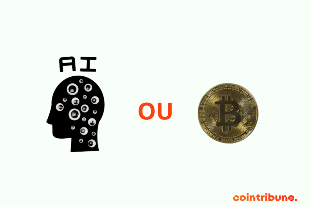 Une tête de robot représentant l'IA et une pièce de bitcoin