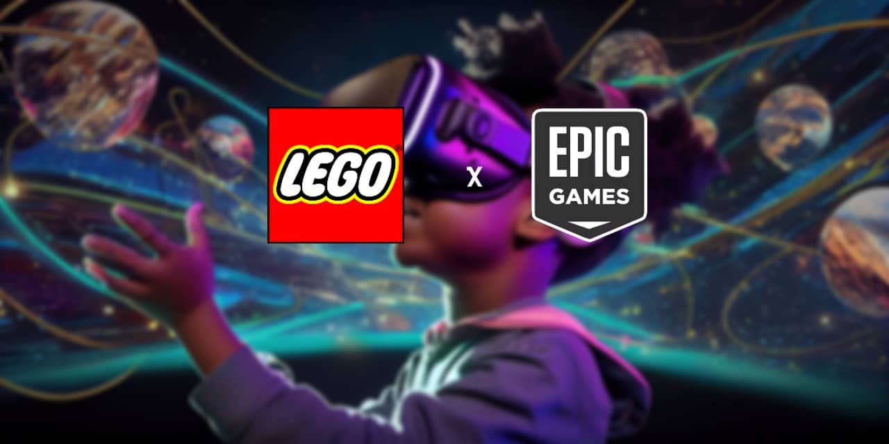 Logo de Lego et Epic Games, avec un enfant dans un casque VR, représentant le Metaverse