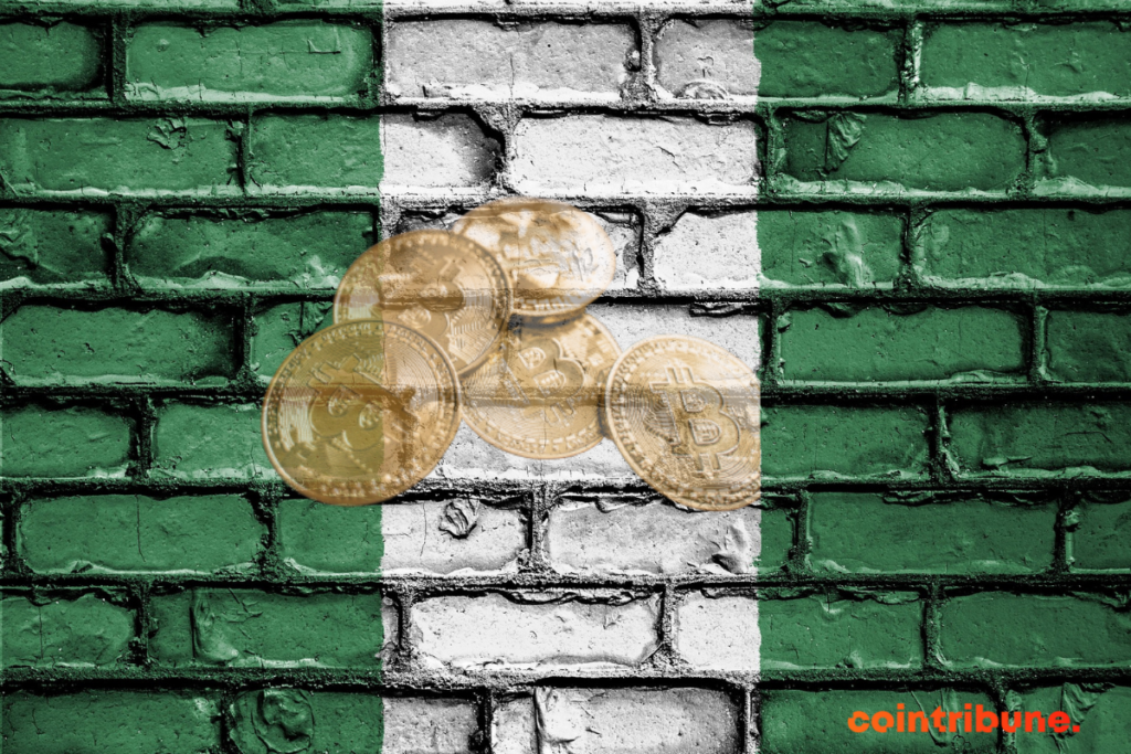Des pièces de bitcoin avec en fond le drapeau du Nigeria