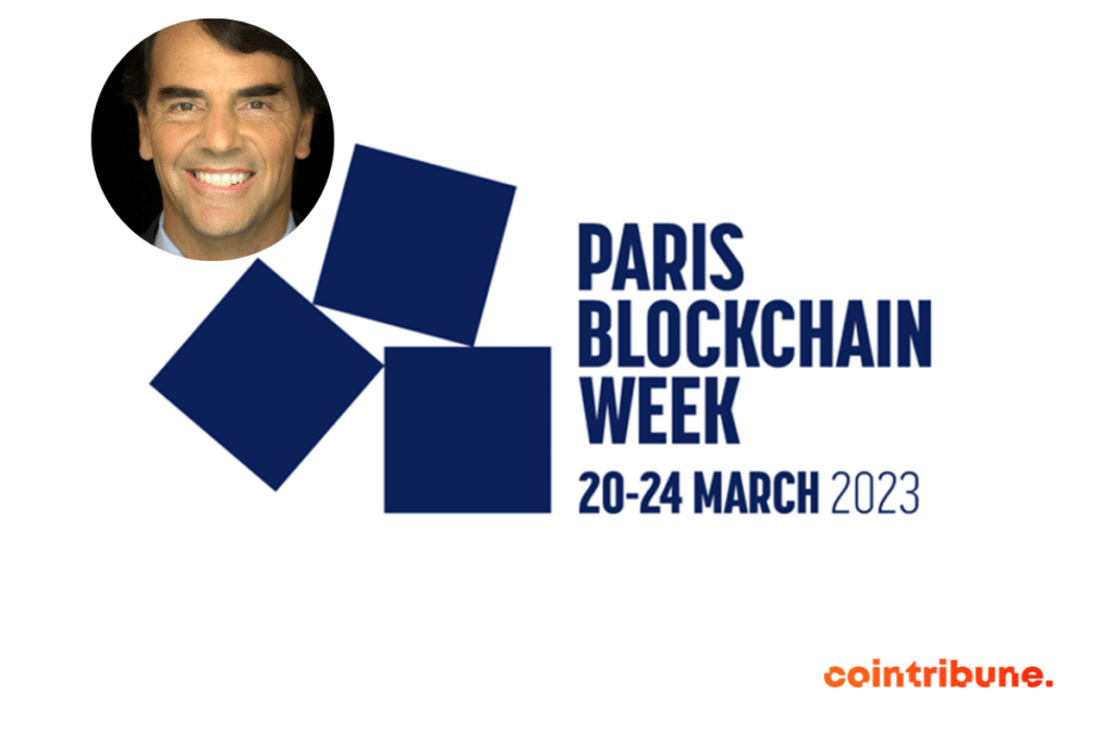 Logo Paris Blockchain Week avec portrait de Tim Draper sur le côté.