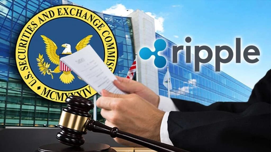 Ripple and SEC logo in front of a court desk.