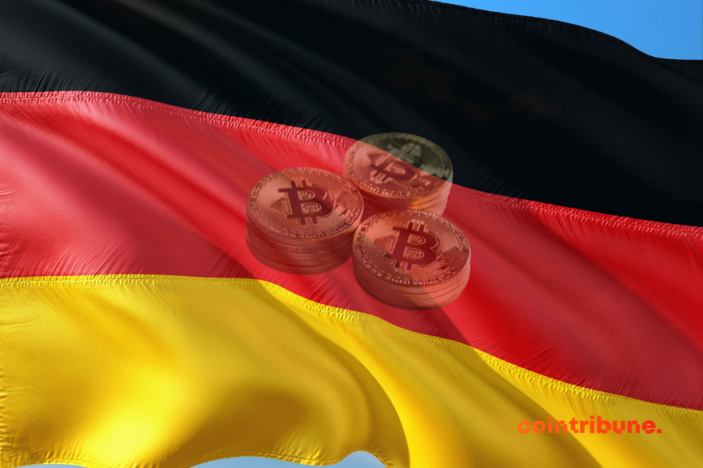 Le drapeau de l'Allemagne avec des pièces représentant le bitcoin