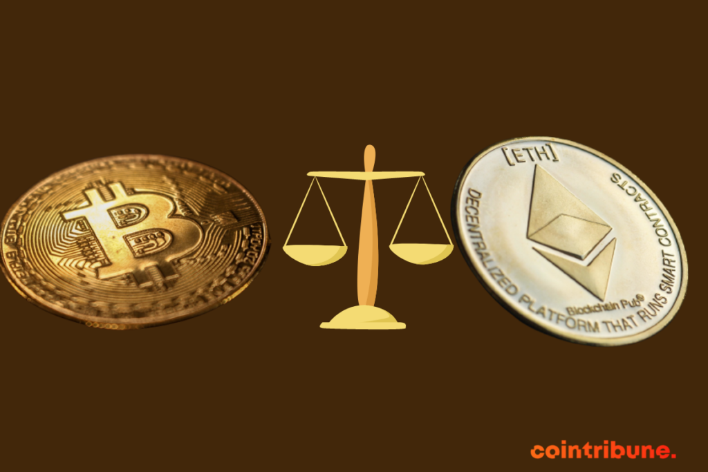 Une pièce de bitcoin et une pièce d'ether entre lesquelles figure une balance