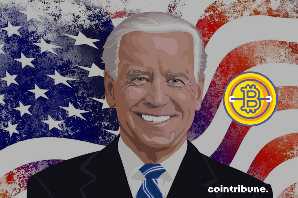 Un dessin représentant le président américain Joe Biden avec à côté le Bitcoin (BTC)