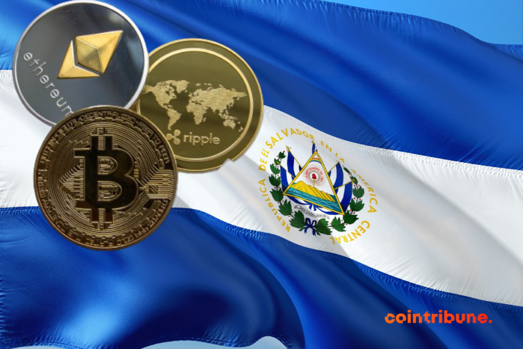 Le drapeau du Salvador sur lequel figurent 3 pièces de cryptos