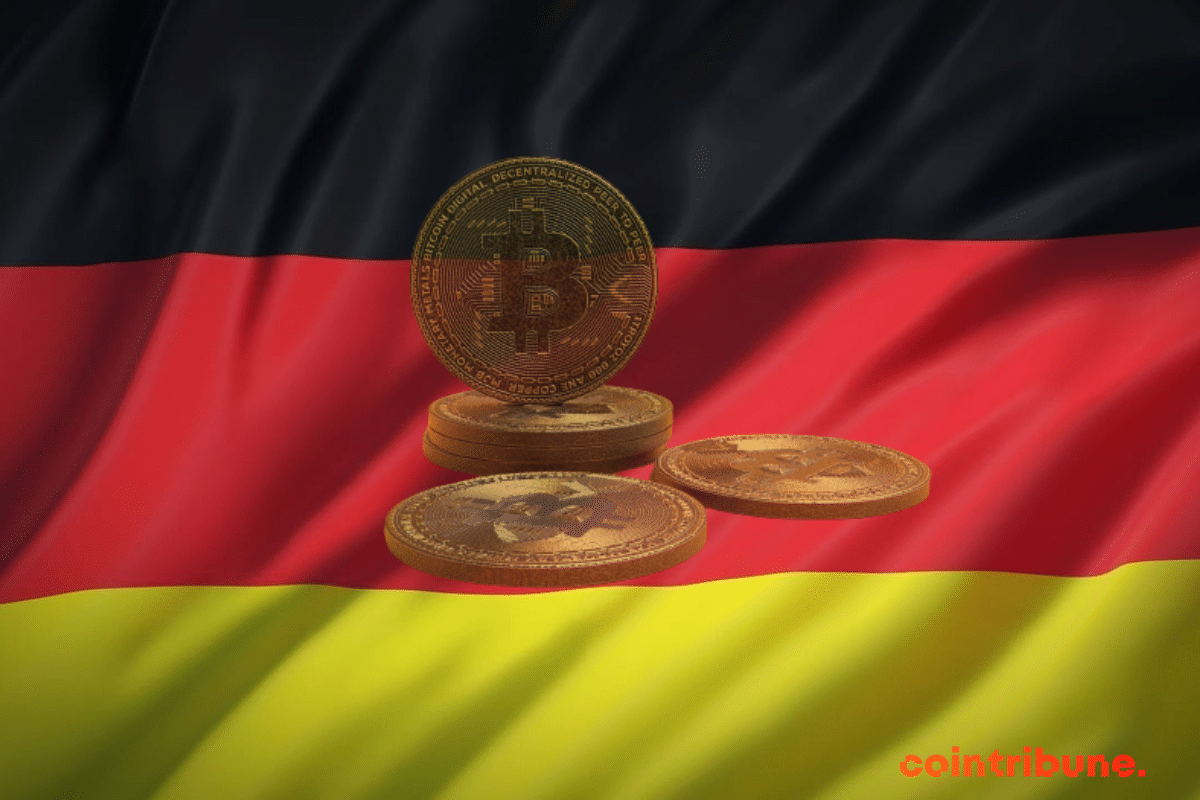 Le drapeau de l'Allemagne avec des pièces de bitoins
