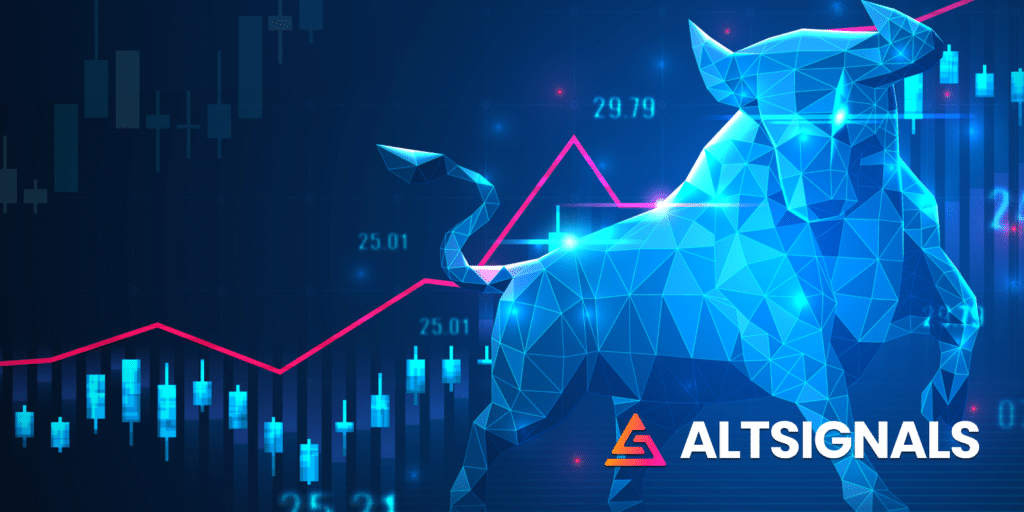 Le logo d'AltSignals accompagné d'un dessin représentant le bull market.