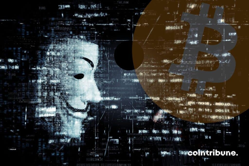 Le logo Bitcoin et un visage masqué