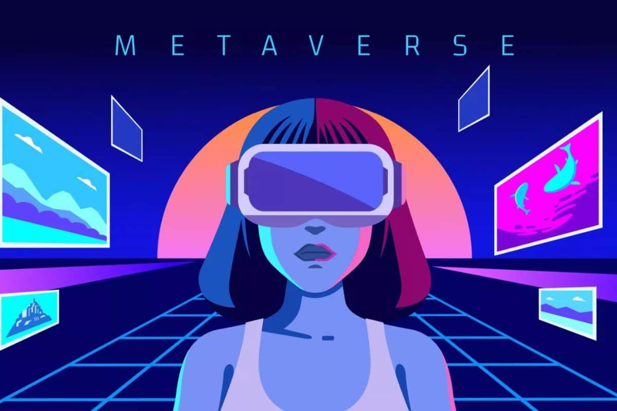 Dessin d'une fille se trouvant dans le metaverse via un casque de réalité virtuelle.