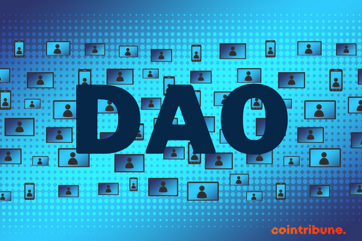 Le sigle DAO sur une image de fond représentant une blockchain