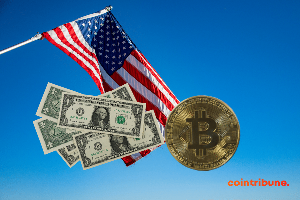 Des billets de dollars, une pièce de bitcoin et un drapeau US