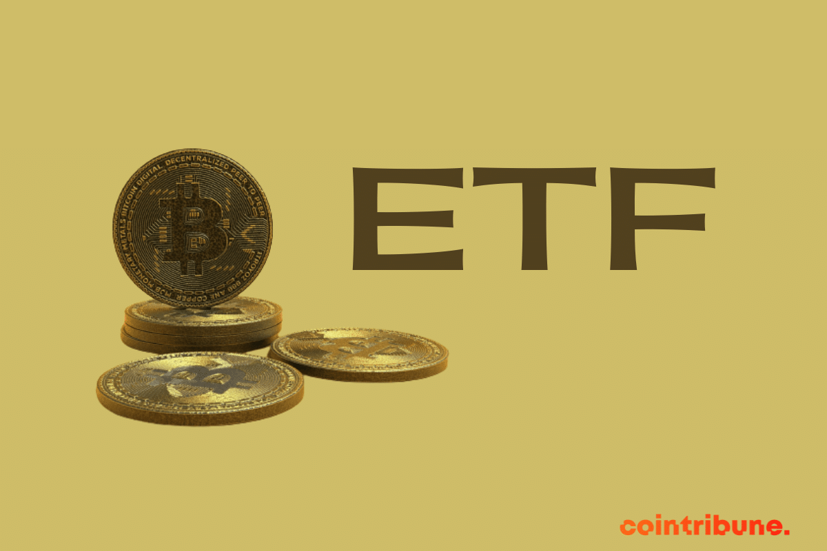 Des pièces de bitcoin et la mention "ETF"