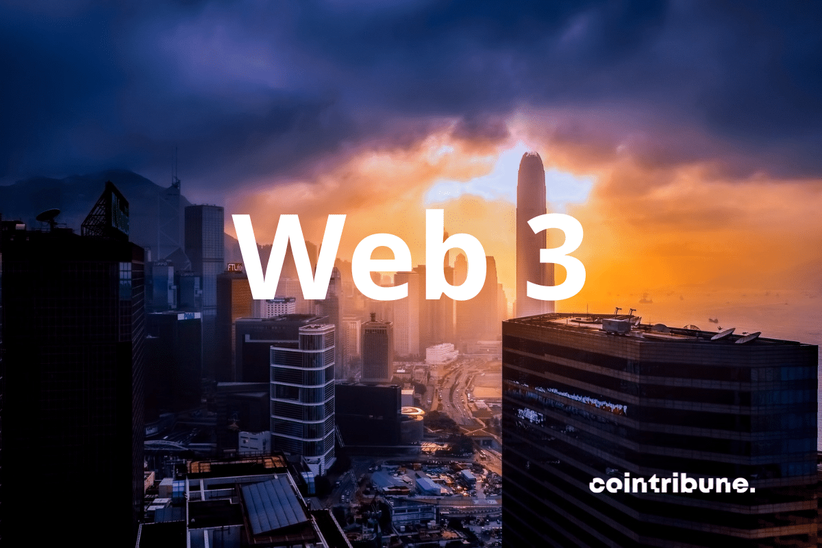 Une image de la ville de Hong Kong avec la mention "web 3"
