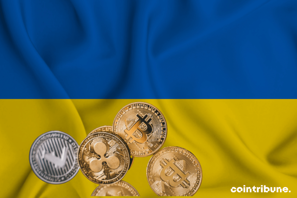 Le drapeau de l'Ukraine avec des pièces de diverses cryptos