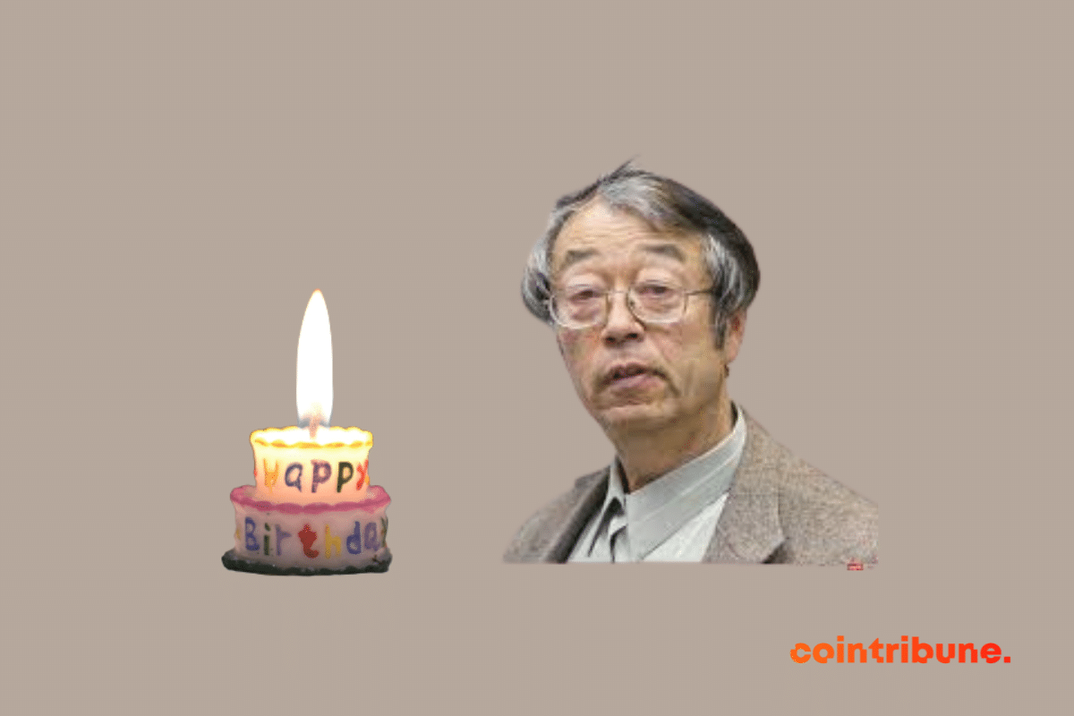 Un portrait de Satoshi Nakamoto et une bougie d'anniversaire