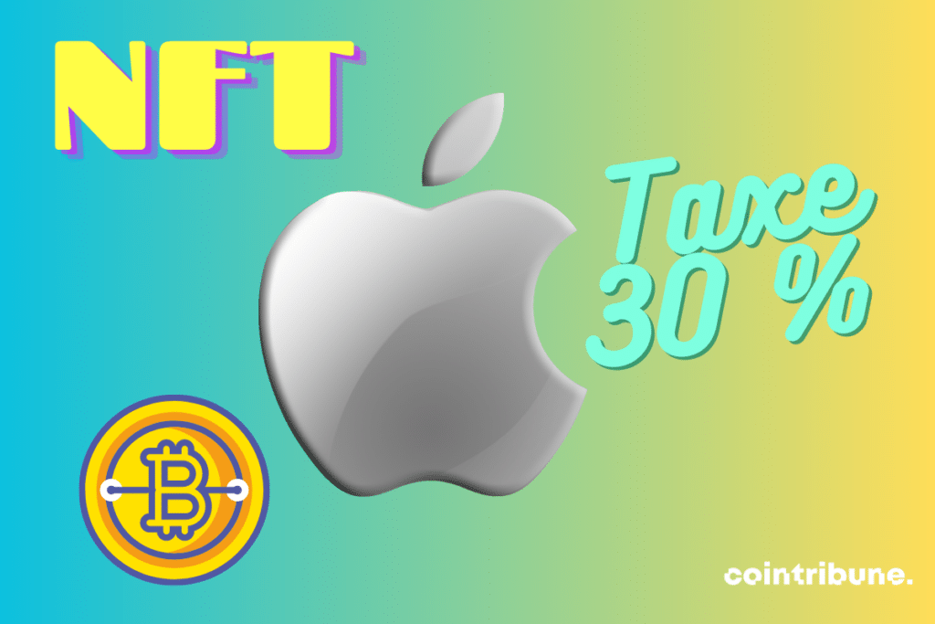 Logos d'Apple, NFT et bitcoin avec mention taxe 30 %