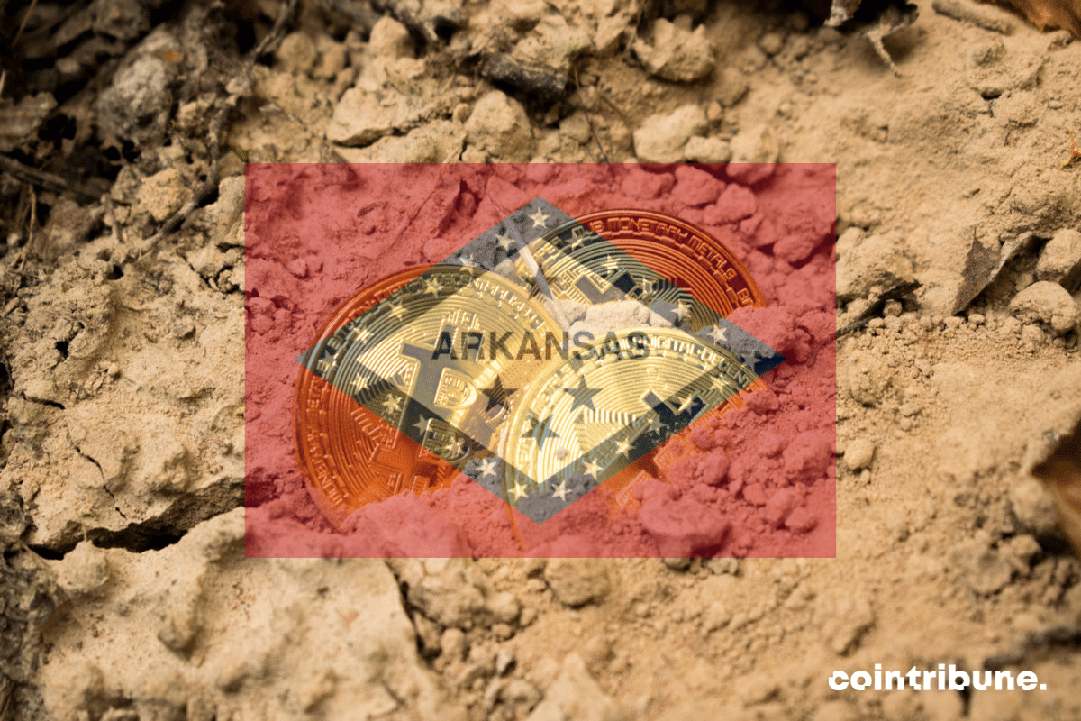 Bitcoins extraits du sable et logo de l'Arkansas