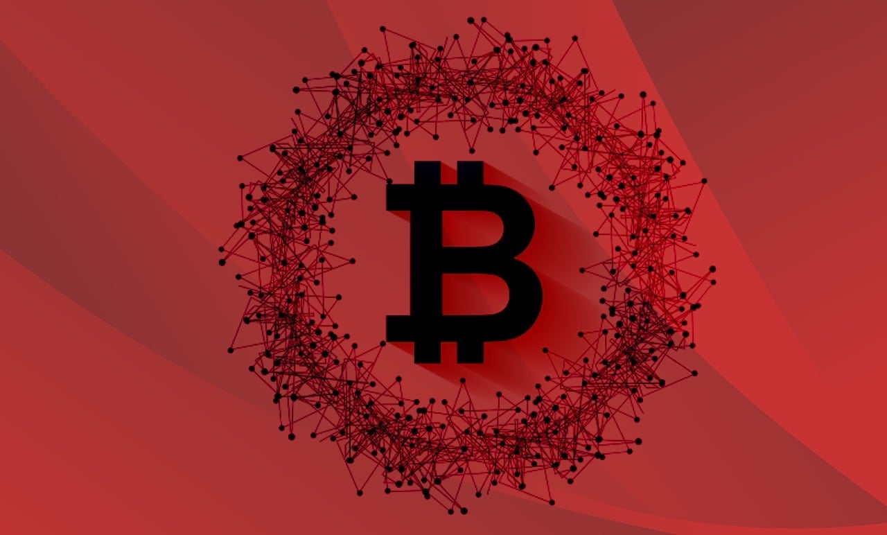 Bitcoin logo (BTC) on a red background.