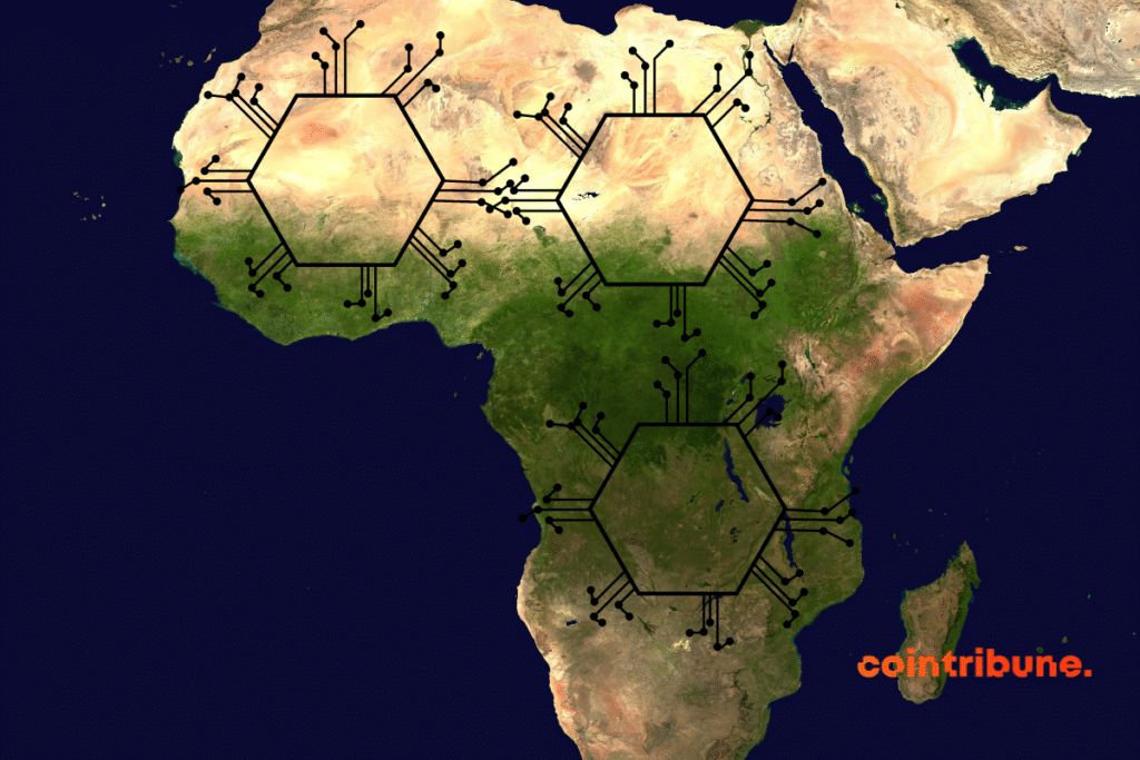 Une carte d'Afrique avec des croquis de blockchain