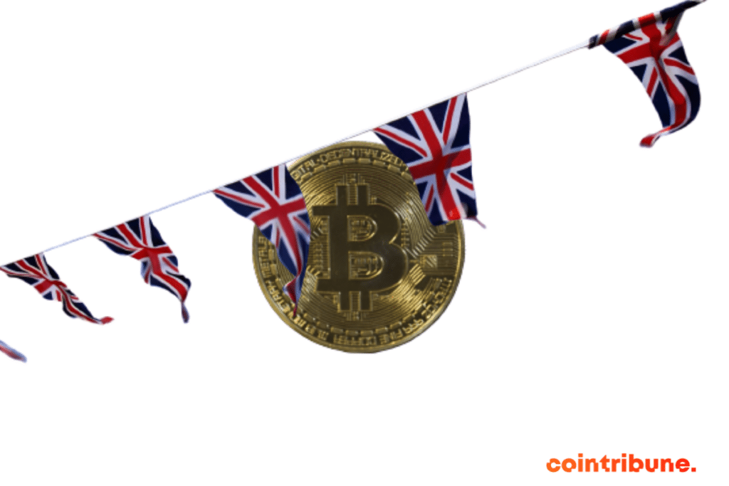Une pièce de bitcoin avec des bannières britanniques