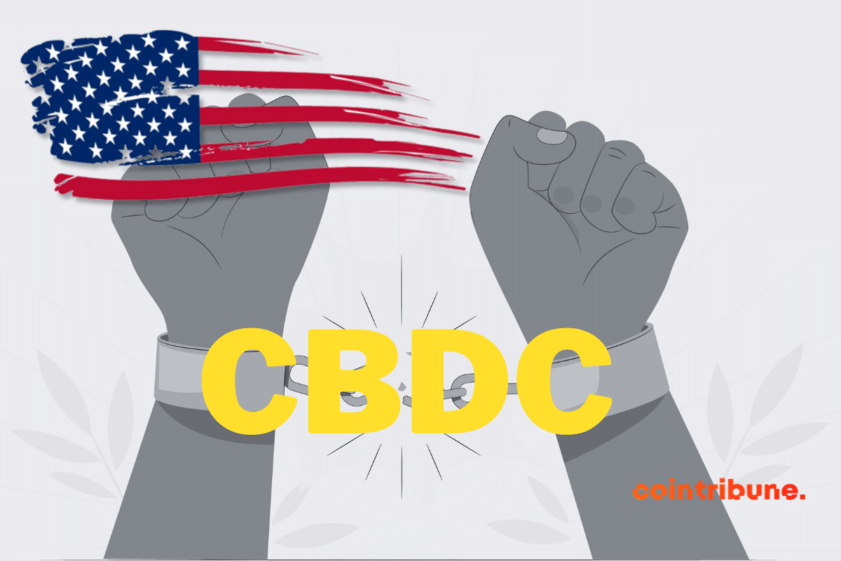 mains enchaînées par la CBDC et drapeau américain