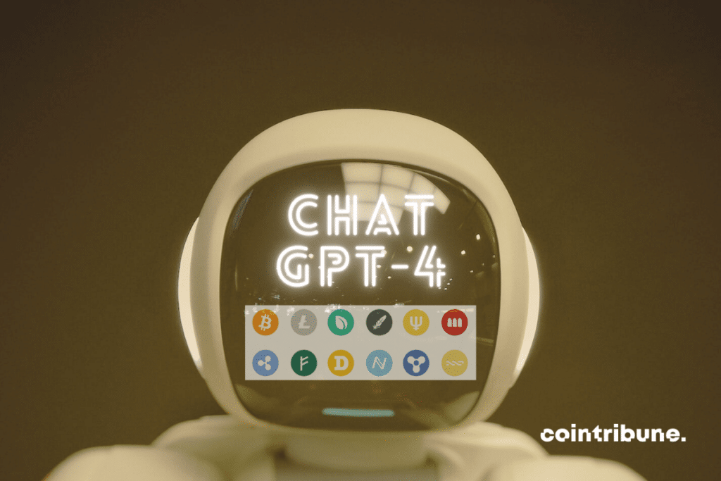 Robot head with ChatGPT-4 and cryptocurrencies displayed on the screen