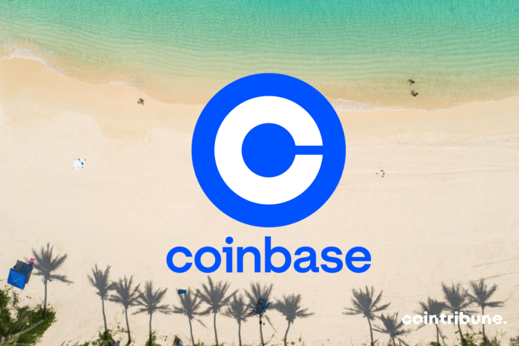 Logo de Coinbase et plage aux Bermudes