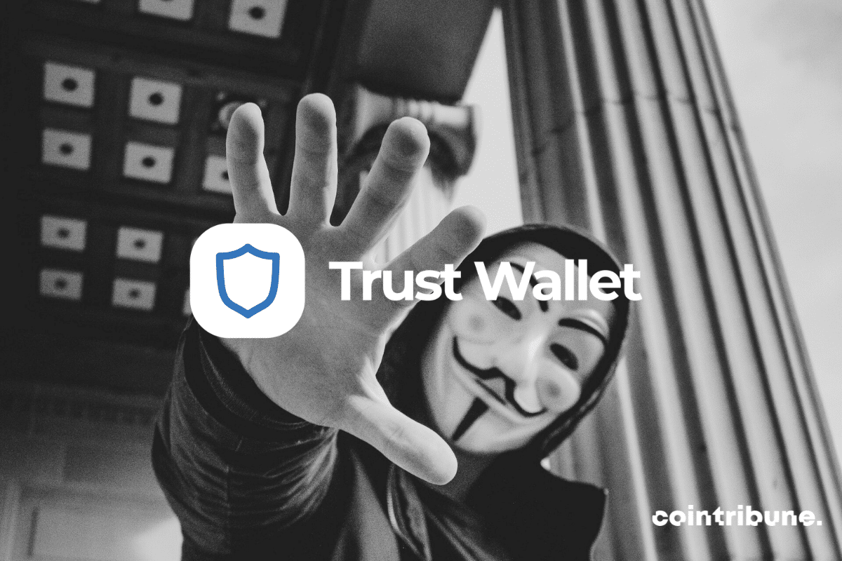 Logo de Trust Wallet entre les mains d'un pirate informatique