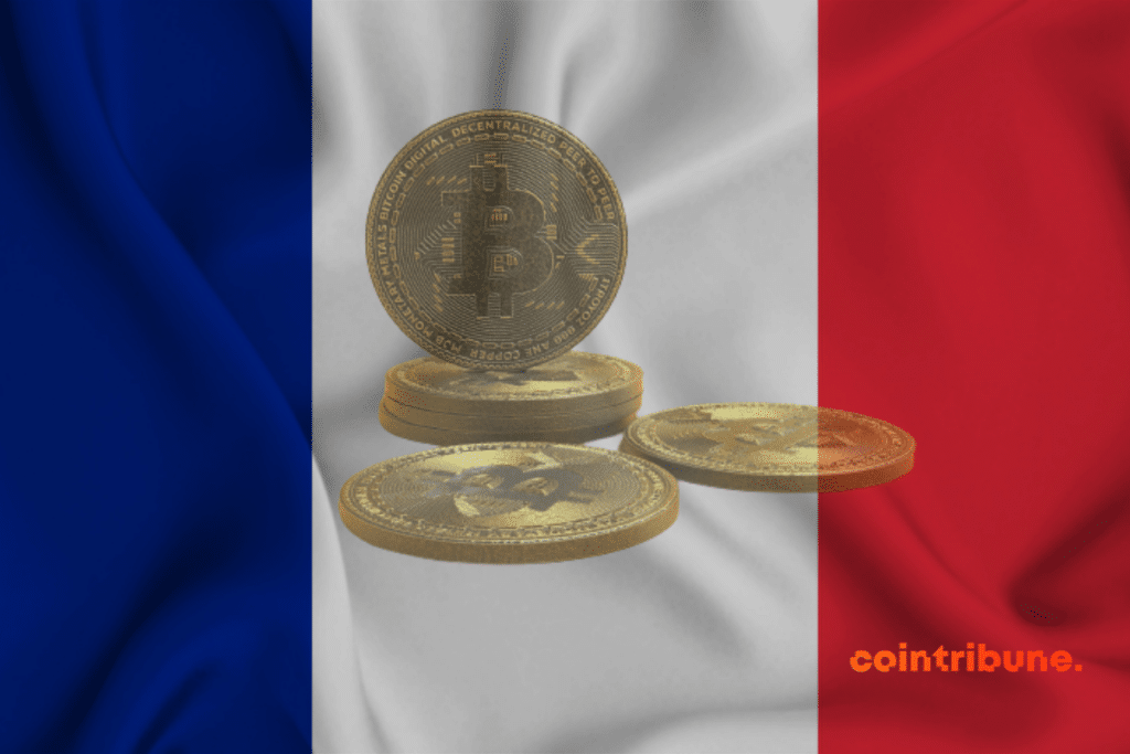 Des pièces de bitcoin sur un drapeau de la France