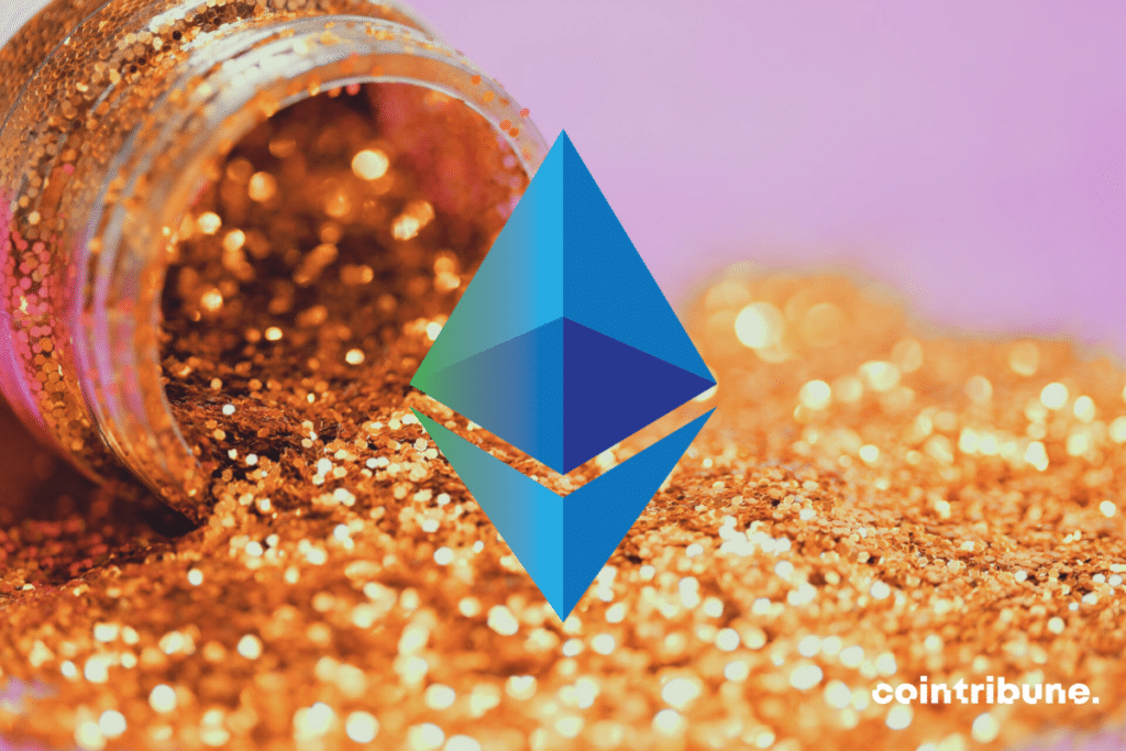 Logo d'Ethereum sur des paillettes d'or