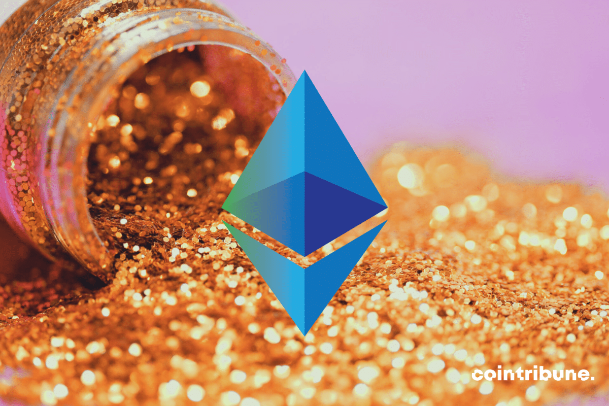 Logo d'Ethereum sur des paillettes d'or