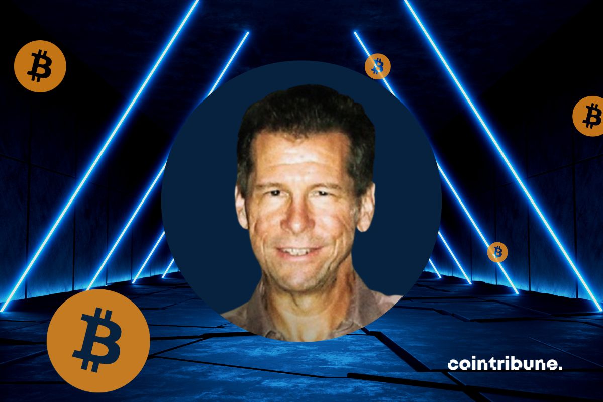 foto de hal finney y el logo de bitcoin que ilustra su relación intrínseca con las criptomonedas